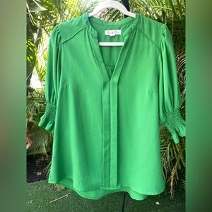 Vine & Love Green V-Neck women’s Blouse with Smocked Elbow Sleeves